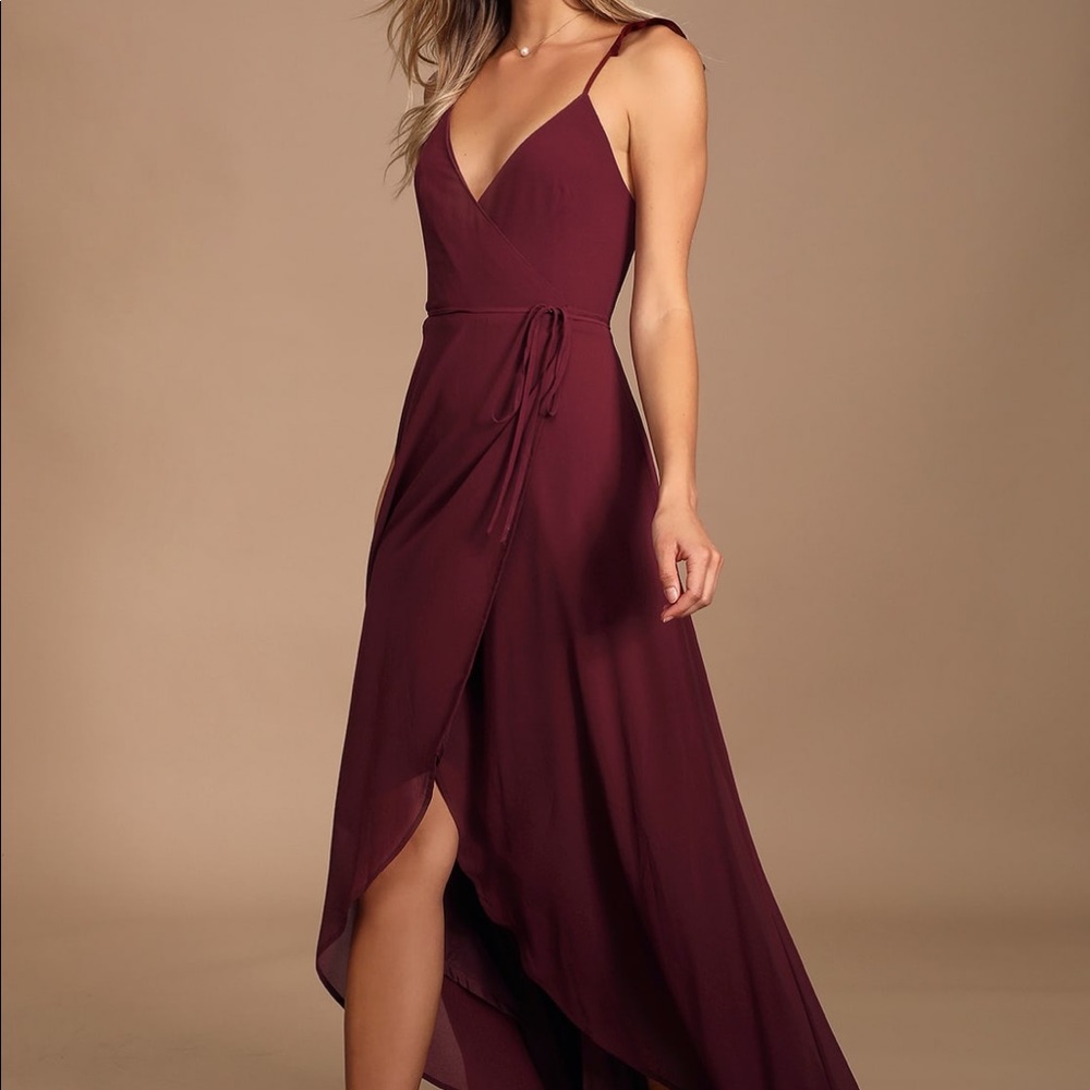 Lulus Here's to Us Burgundy High-Low Wrap Dress